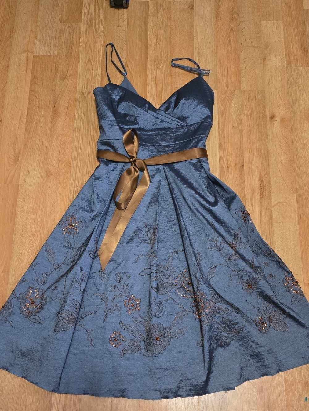 Olga Cassini Slate Sweetheart Bust Fit Flare Dress Slate Blue And Brown